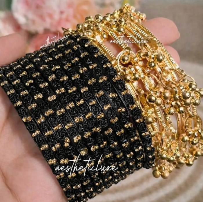 Black Glass Bangles Set | Rose Pattern Raindrop Bangle