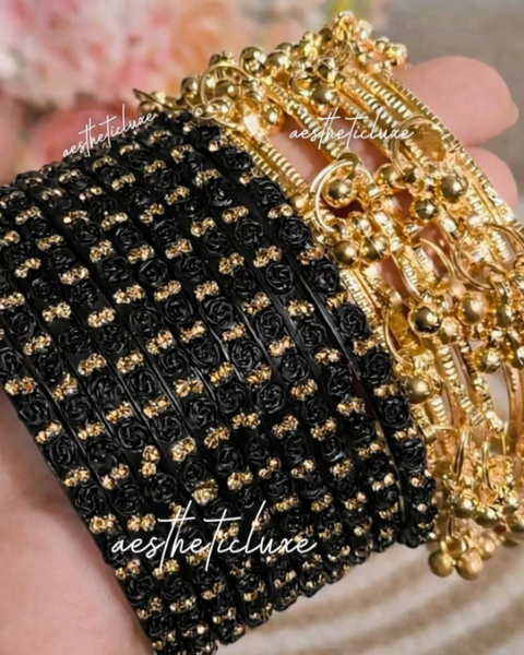 Black Glass Bangles Set | Rose Pattern Raindrop Bangle