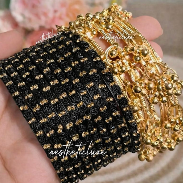 Black Glass Bangles Set | Rose Pattern Raindrop Bangle