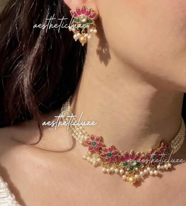 Pink Lotus Pearl Choker Necklace Set | Green Kemp Floral Layered Temple Jewelry | Indian Bridal Ethnic Necklace Set | Bridal Pearl Necklace