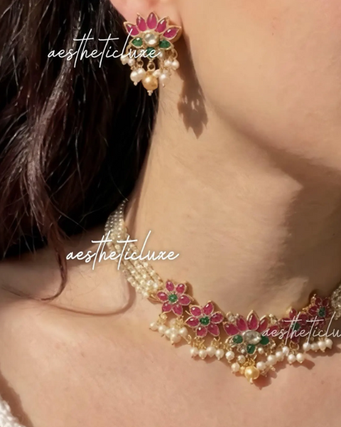Pink Lotus Pearl Choker Necklace Set | Green Kemp Floral Layered Temple Jewelry | Indian Bridal Ethnic Necklace Set | Bridal Pearl Necklace