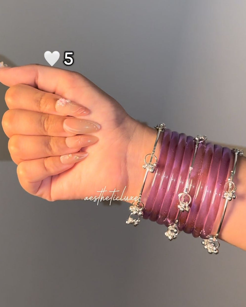 Purple Jelly Glass Bangles | Lavender Jelly Glass Bangles Set | Kashmiri Silver Ghungroo Bangles | Purple Glass Bangles | Clear Bangles Set
