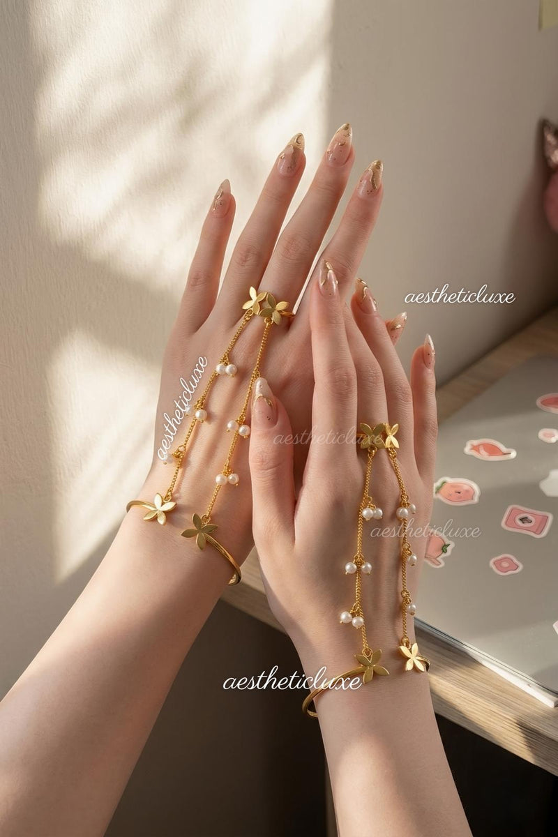Butterfly Pearl Haathphool | Alia Bhatt Cannes Inspired Haathphool | Gold Plated Ghungroo Panja Link Bracelet | Bridal Hand Jewelry