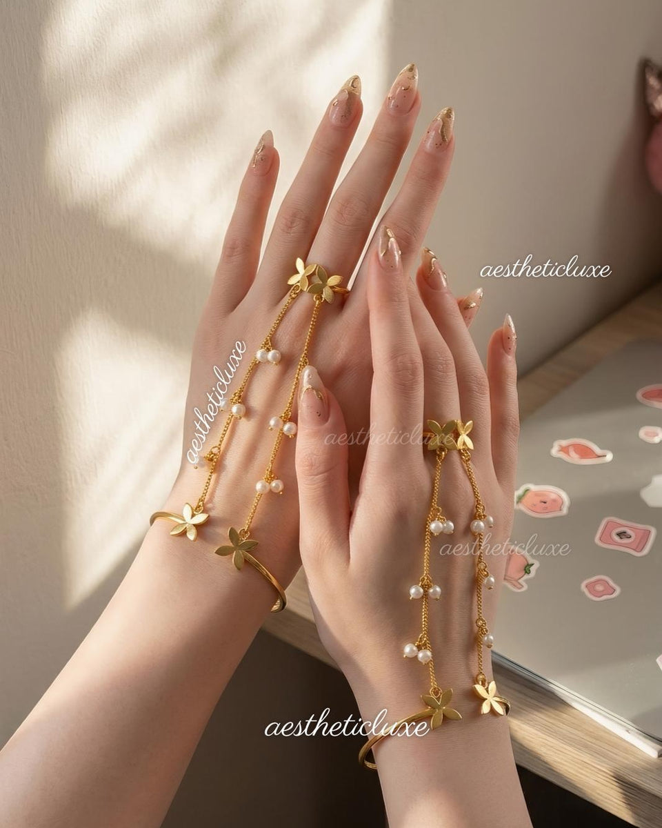 Butterfly Pearl Haathphool | Alia Bhatt Cannes Inspired Haathphool | Gold Plated Ghungroo Panja Link Bracelet | Bridal Hand Jewelry