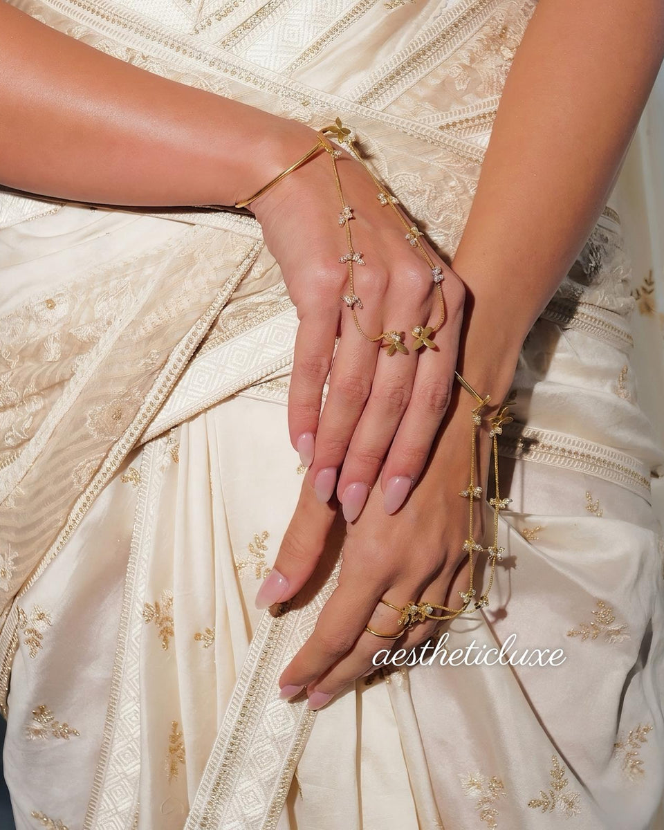 Butterfly Pearl Haathphool | Alia Bhatt Cannes Inspired Haathphool | Gold Plated Ghungroo Panja Link Bracelet | Bridal Hand Jewelry