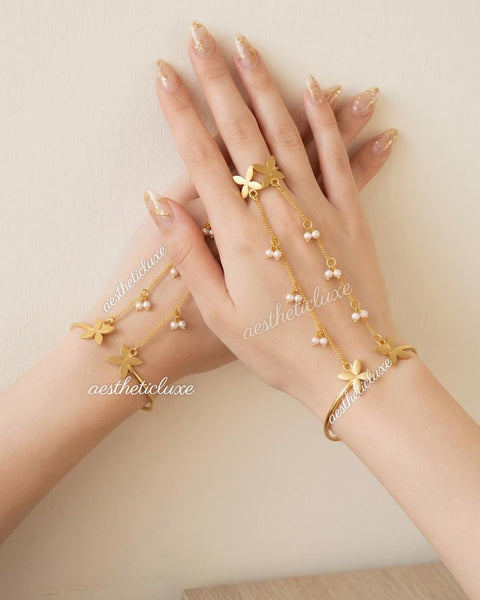 Butterfly Pearl Haathphool | Alia Bhatt Cannes Inspired Haathphool | Gold Plated Ghungroo Panja Link Bracelet | Bridal Hand Jewelry