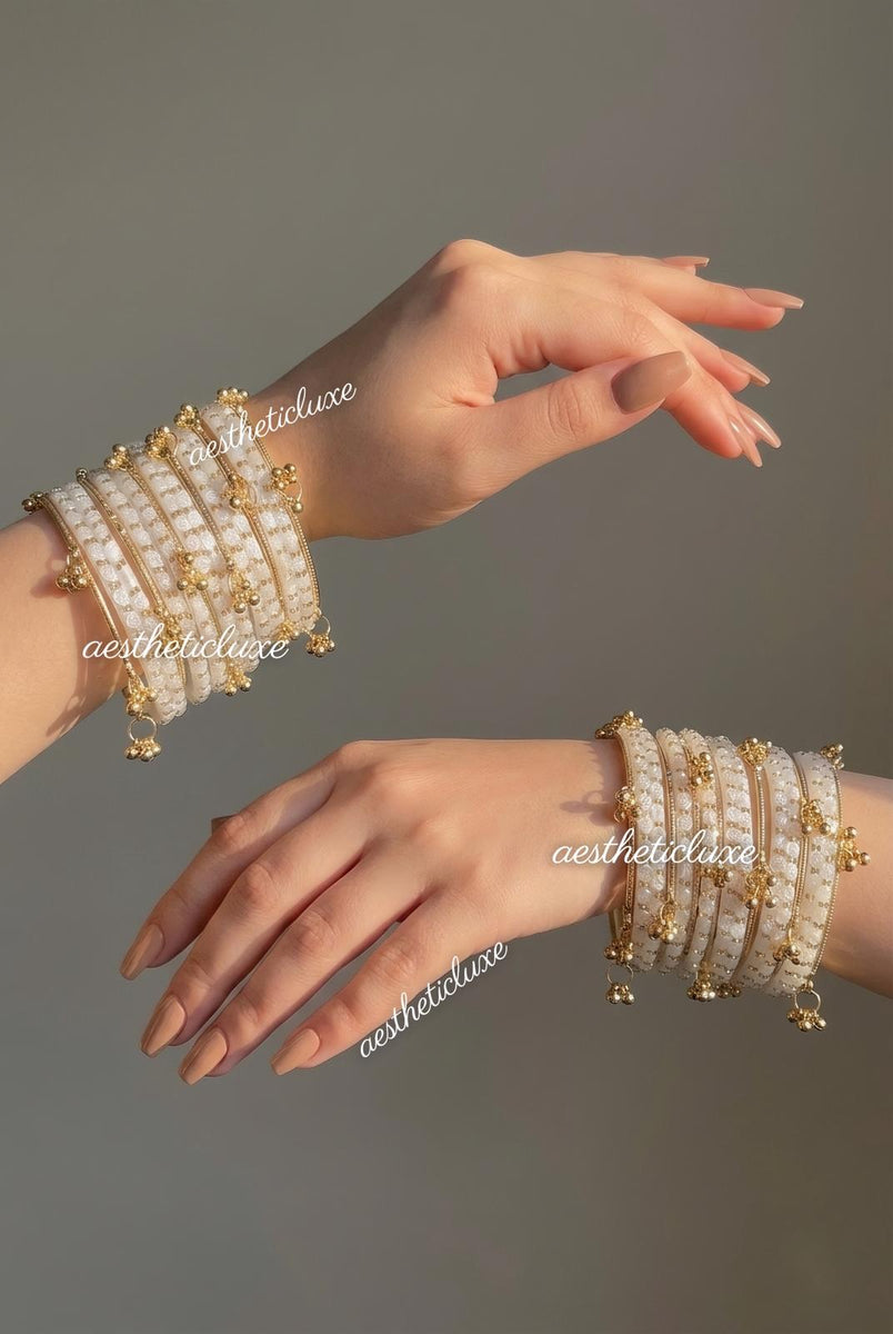 White Rose Glass Bangles Set | Kashmiri Gold Ghungroo Bangles  | White Glass Bridal Bangles | Rose Pattern Raindrop Bangle