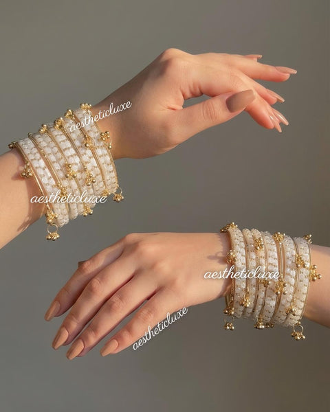 White Rose Glass Bangles Set | Kashmiri Gold Ghungroo Bangles  | White Glass Bridal Bangles | Rose Pattern Raindrop Bangle