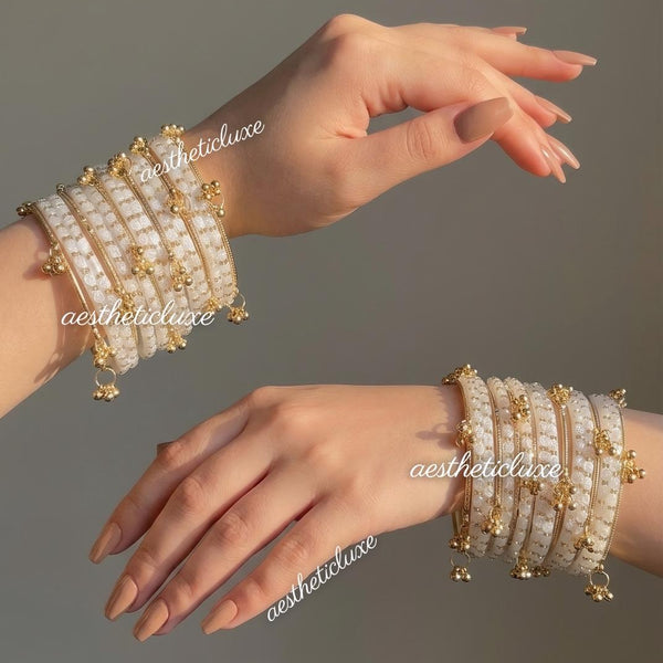 White Rose Glass Bangles Set | Kashmiri Gold Ghungroo Bangles  | White Glass Bridal Bangles | Rose Pattern Raindrop Bangle