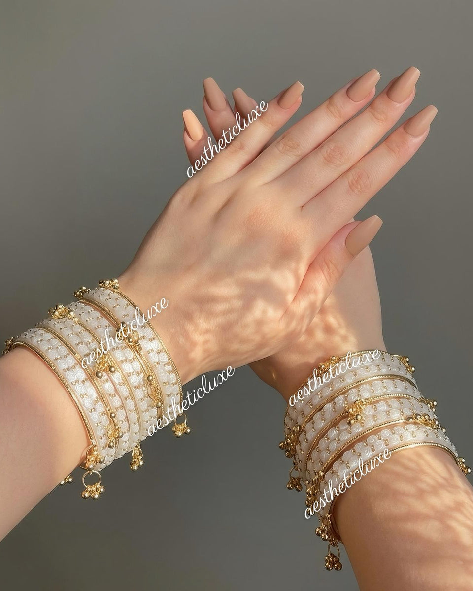 White Rose Glass Bangles Set | Kashmiri Gold Ghungroo Bangles  | White Glass Bridal Bangles | Rose Pattern Raindrop Bangle