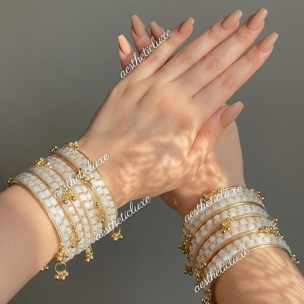 White Rose Glass Bangles Set | Kashmiri Gold Ghungroo Bangles  | White Glass Bridal Bangles | Rose Pattern Raindrop Bangle