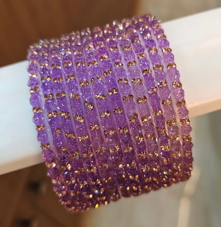 Lavender Glass Bangles Set | Purple Glass Bridal Bangles | Rose Pattern Raindrop Bangle