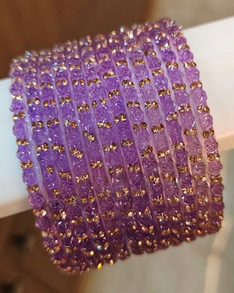 Lavender Glass Bangles Set | Purple Glass Bridal Bangles | Rose Pattern Raindrop Bangle