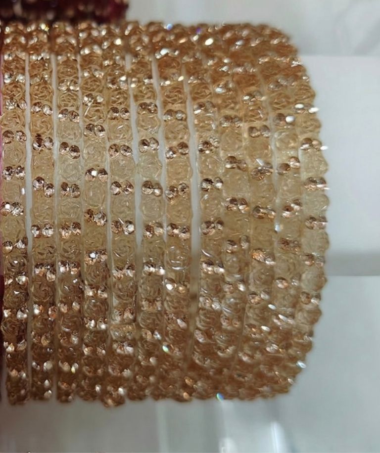 Beige Glass Bangles Set | Light Golden Glass Bridal Bangles | Rose Pattern Raindrop Bangle