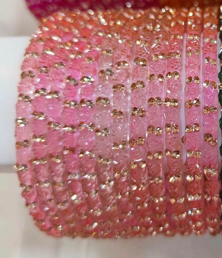 Pink Glass Bangles Set | Rose Pattern Raindrop Bangle