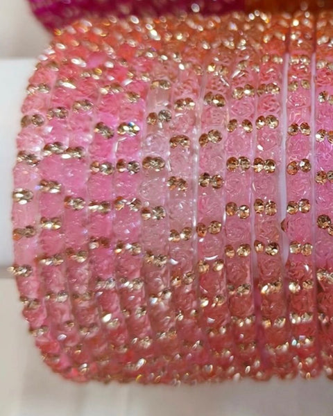 Pink Glass Bangles Set | Rose Pattern Raindrop Bangle