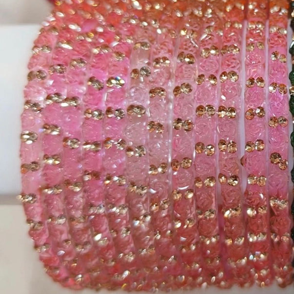 Pink Glass Bangles Set | Rose Pattern Raindrop Bangle