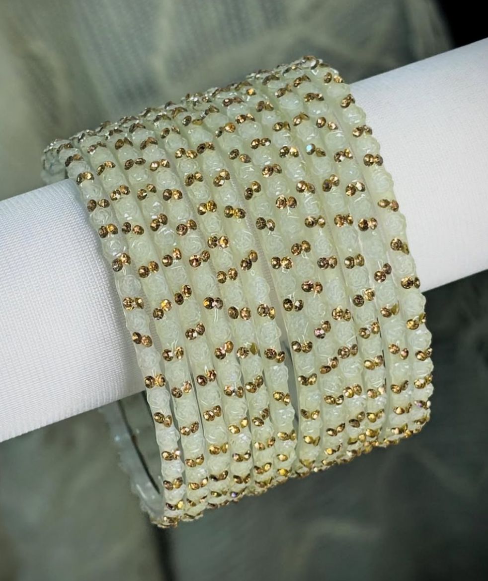 White Glass Bangles Set | Rose Pattern Raindrop Bangle