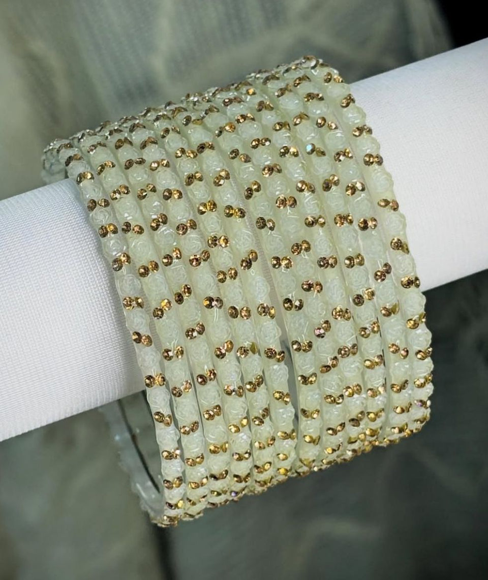 White Glass Bangles Set | Rose Pattern Raindrop Bangle