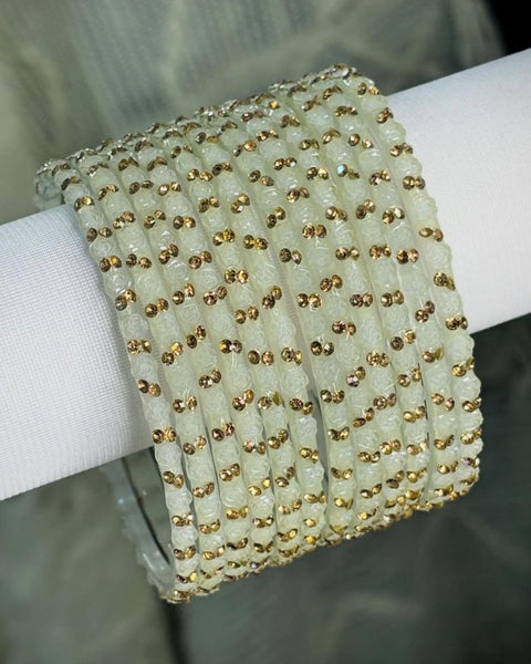 White Glass Bangles Set | Rose Pattern Raindrop Bangle
