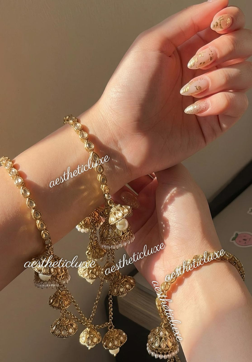 Gold Pearl Jhumka Latkan Set, Kundan Bridal Chura, Indian Bangles, Pakistani Jewelry, Mehndi Sangeet Bridal Set