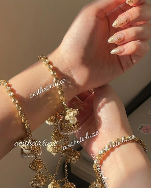 Gold Pearl Jhumka Latkan Set, Kundan Bridal Chura, Indian Bangles, Pakistani Jewelry, Mehndi Sangeet Bridal Set