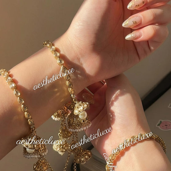 Gold Pearl Jhumka Latkan Set, Kundan Bridal Chura, Indian Bangles, Pakistani Jewelry, Mehndi Sangeet Bridal Set