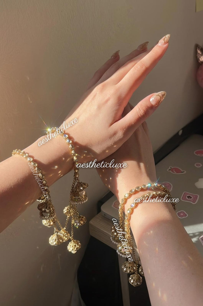 Gold Pearl Jhumka Latkan Set, Kundan Bridal Chura, Indian Bangles, Pakistani Jewelry, Mehndi Sangeet Bridal Set