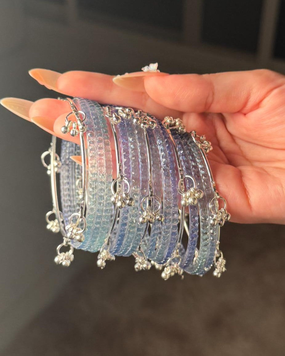 Blue Glass Bangles Set | Silver ghungroo Bangle