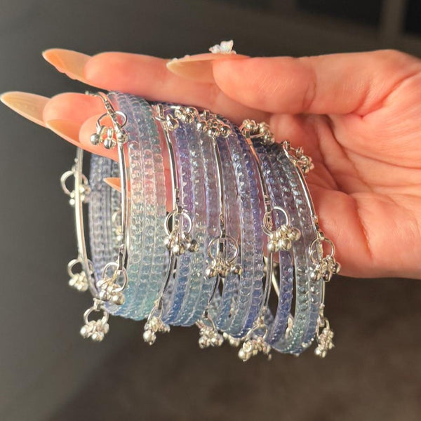 Blue Glass Bangles Set | Silver ghungroo Bangle