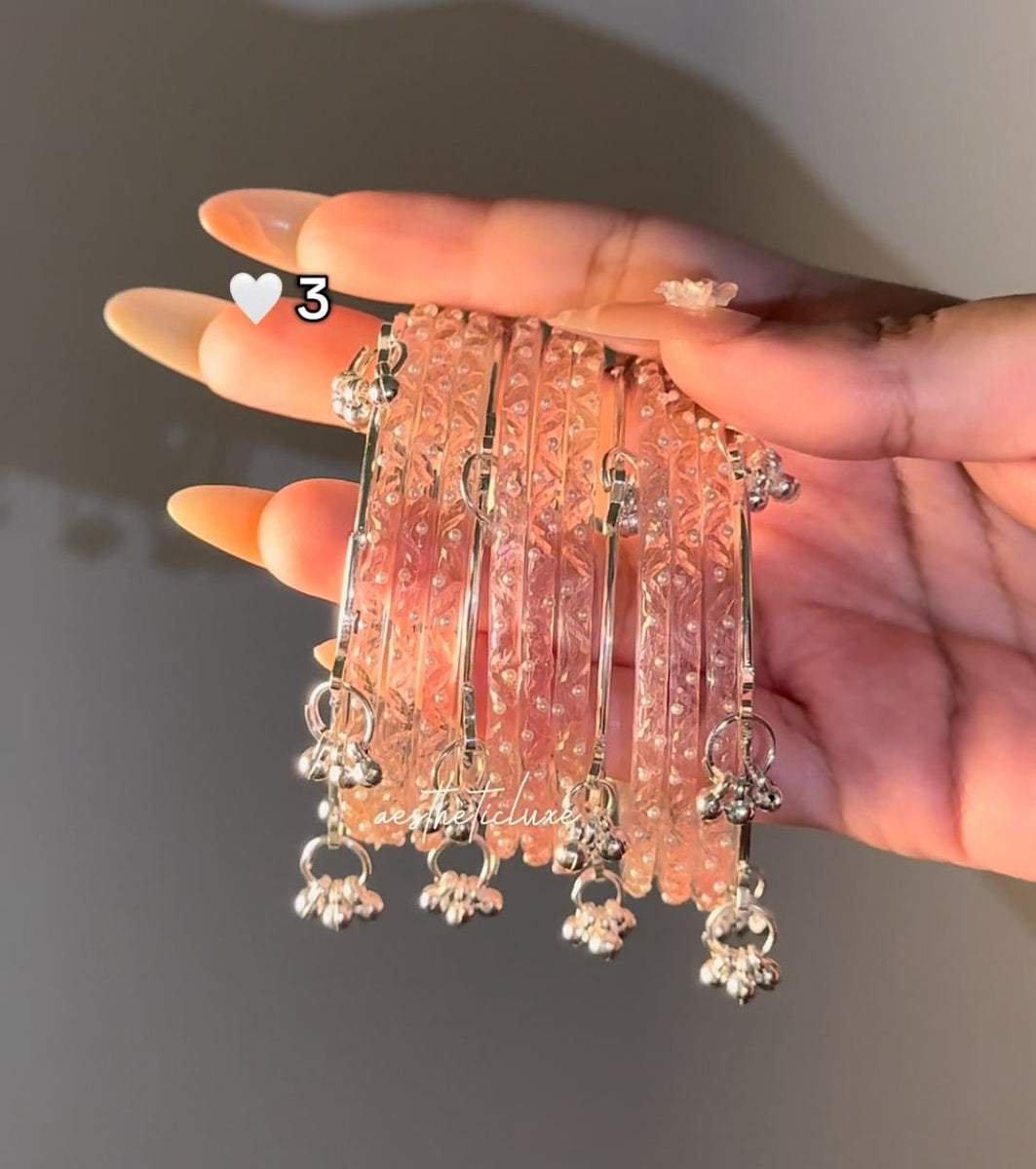 Light Pink Glass Bangles Set | Silver ghungroo Bangle