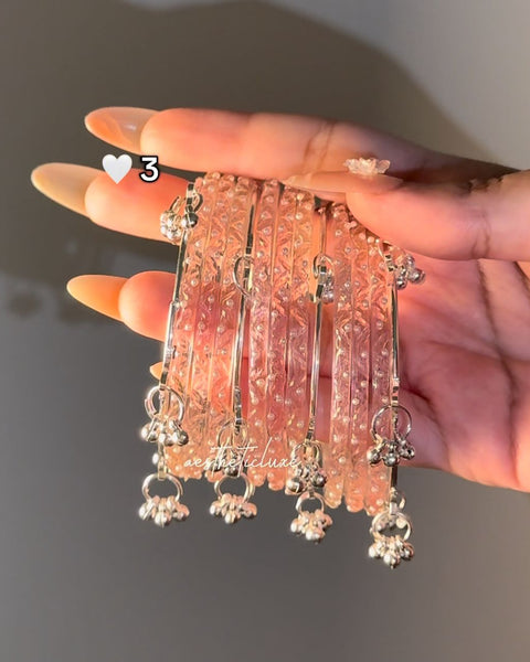 Light Pink Glass Bangles Set | Silver ghungroo Bangle