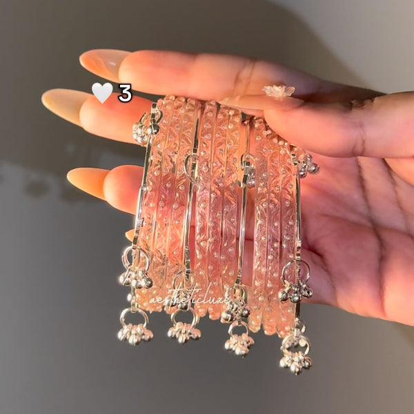 Light Pink Glass Bangles Set | Silver ghungroo Bangle
