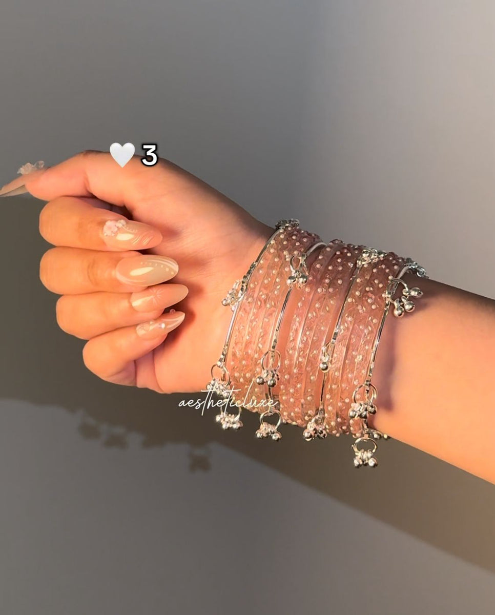 Light Pink Glass Bangles Set | Silver ghungroo Bangle
