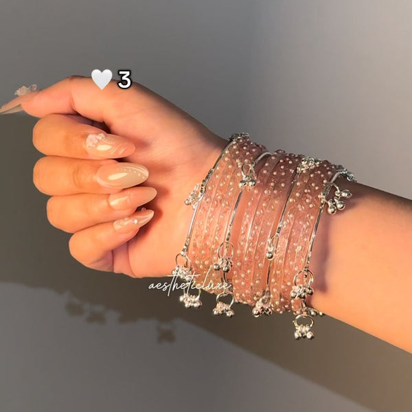 Light Pink Glass Bangles Set | Silver ghungroo Bangle