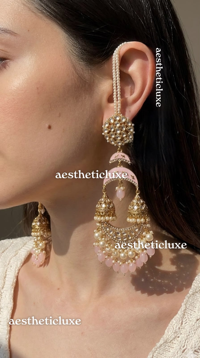 Pink Kundan Chandbali Earrings with Pearl Ear Sahare Chain | Bridal Statement Chandelier Earrings | Blush Pink Polki Jhumka Earrings