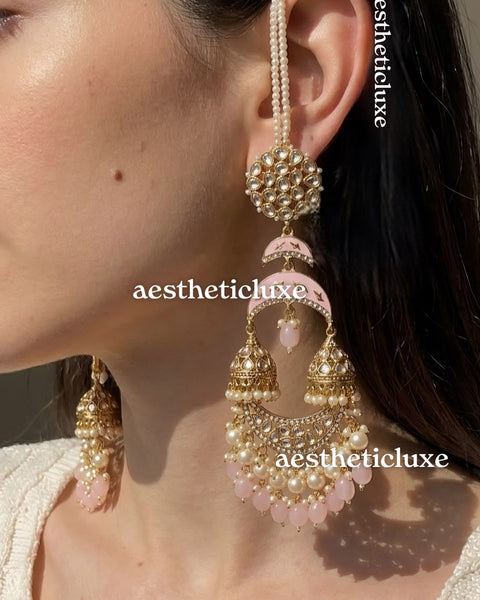Pink Kundan Chandbali Earrings with Pearl Ear Sahare Chain | Bridal Statement Chandelier Earrings | Blush Pink Polki Jhumka Earrings