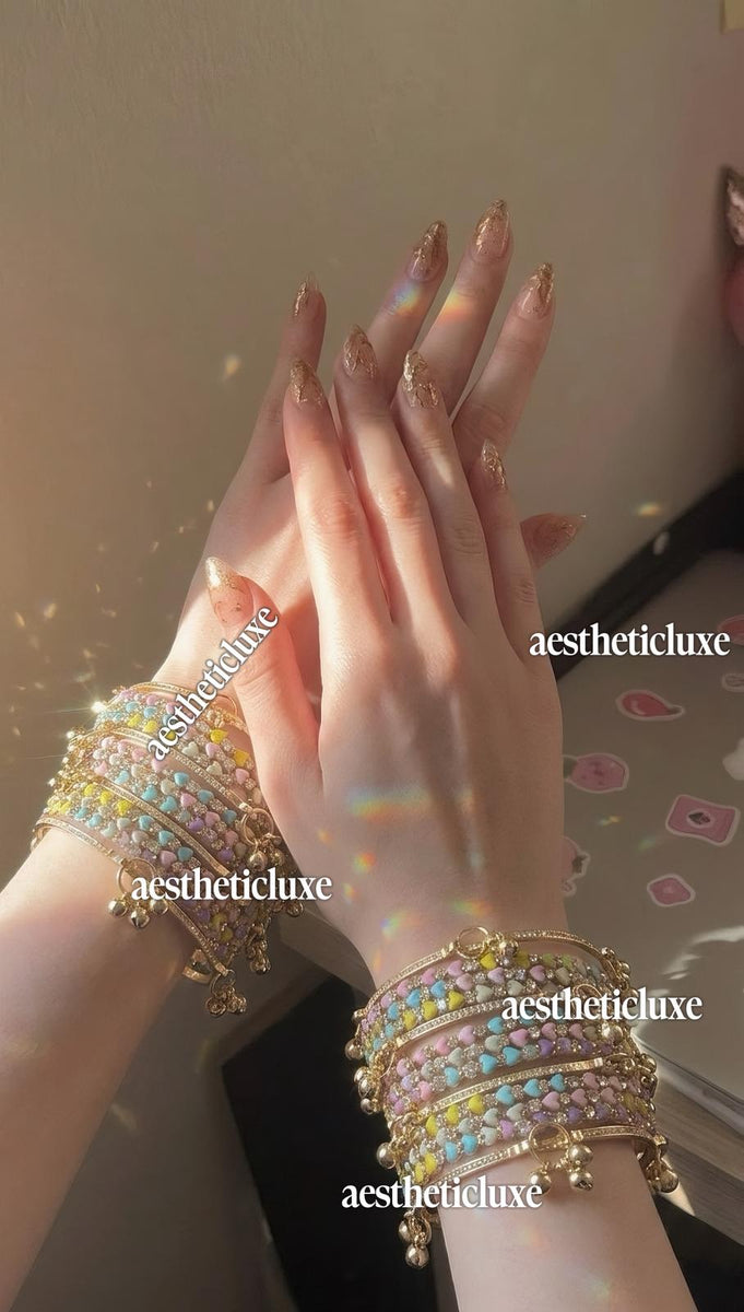 Pastel Glass Bridal Bangles Set | Multicolor Kashmiri Ghungroo Churiya | Heart Pattern Bangles | Pastel Bridal Bangles Stack | Gift for Her