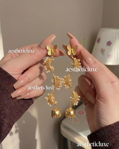 Butterfly Gold Plated Long Earrings | Indian Bridal Earrings | Kashmiri Butterfly Jhumkas | Mehndi Sangeet Wedding Jewelry | Ethnic Earrings