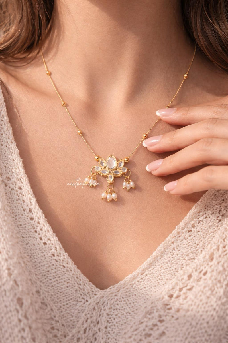 Lotus Kundan Pearl Pendant Necklace | Gold Ethnic Minimal Necklace | Kashmiri Style Lotus Flower Pearl Pendant | Elegant Traditional Jewelry