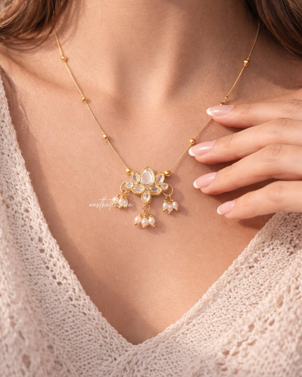 Lotus Kundan Pearl Pendant Necklace | Gold Ethnic Minimal Necklace | Kashmiri Style Lotus Flower Pearl Pendant | Elegant Traditional Jewelry