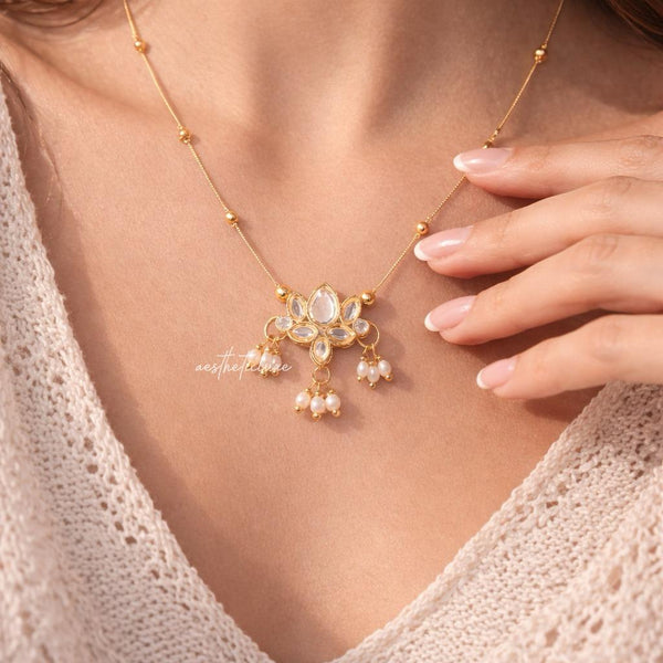 Lotus Kundan Pearl Pendant Necklace | Gold Ethnic Minimal Necklace | Kashmiri Style Lotus Flower Pearl Pendant | Elegant Traditional Jewelry