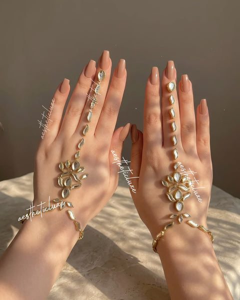Kundan Mehndi for Hand | Reusable Handmade Indian Bridal Minimalist Hand Henna Jewelry for Mehndi, Sangeet  | Henna Mirror Beads