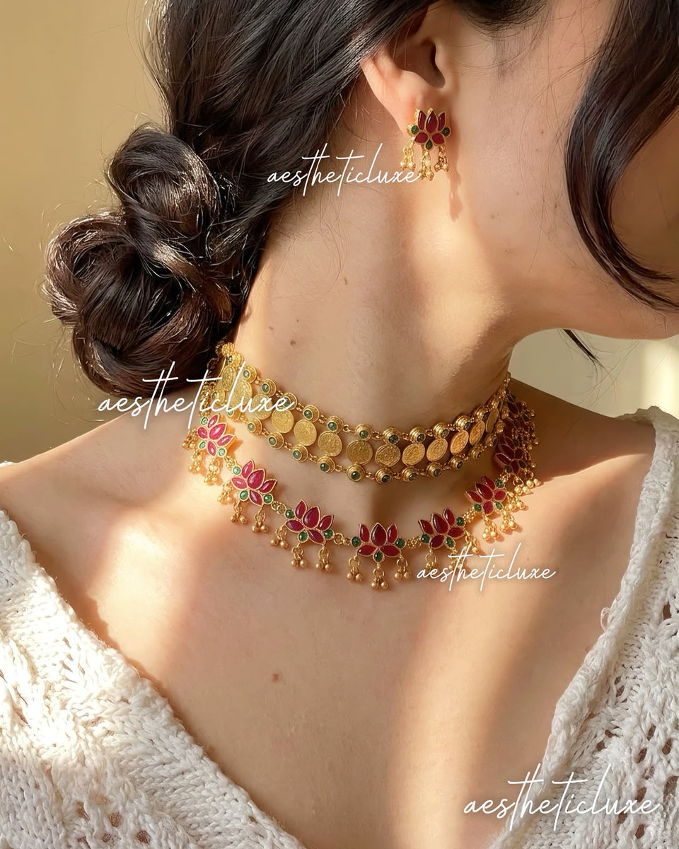 Temple Coin Kasu Coin Choker & Pink Lotus Necklace | Lotus Earrings | Minimal Bridal Necklace Set | Antique Gold Indian Wedding Jewelry