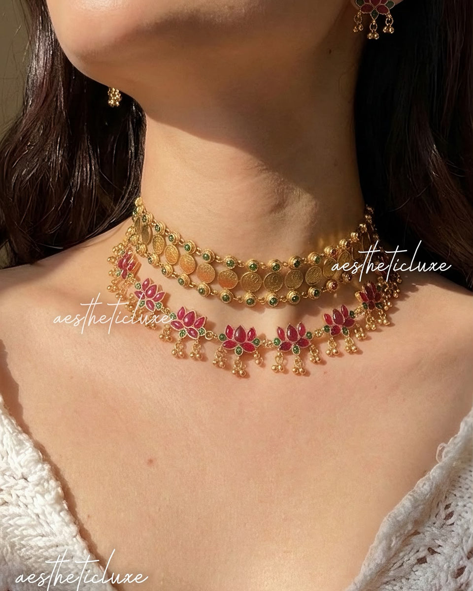 Temple Coin Kasu Coin Choker & Pink Lotus Necklace | Lotus Earrings | Minimal Bridal Necklace Set | Antique Gold Indian Wedding Jewelry