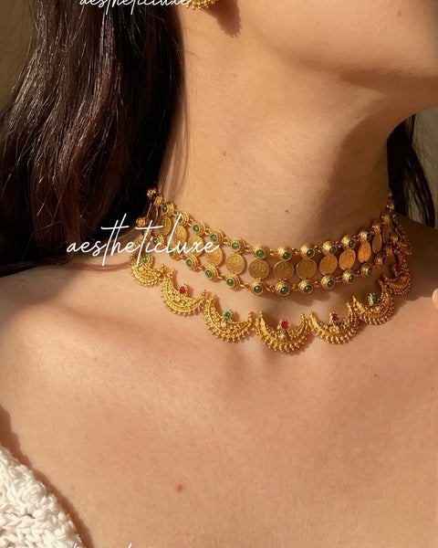 Moon Layered Temple Coin Kasu Choker | Maharashtrian Chandrakor Necklace & Chand Earrings | South Indian Bridal Wedding Jewelry Set