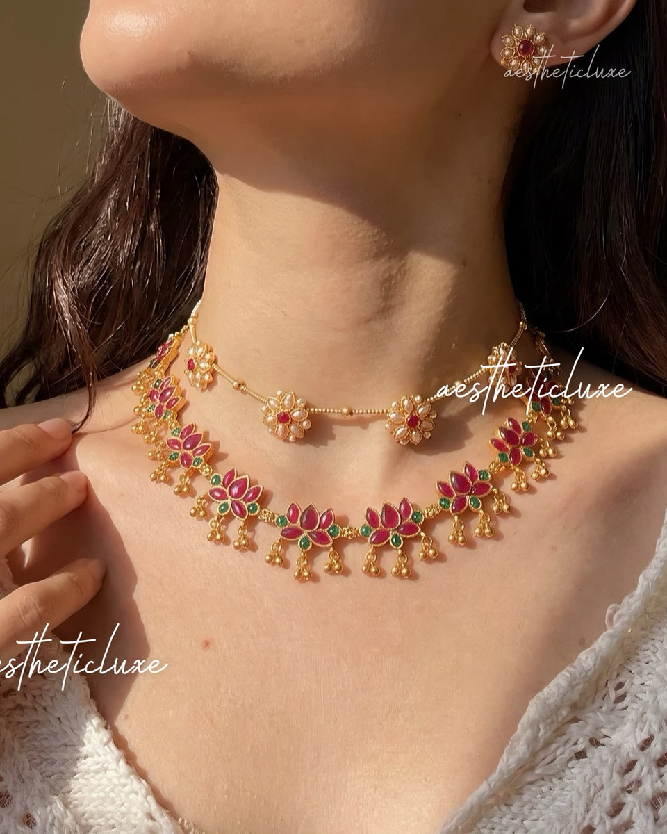 Floral Pearl Choker Set & Pink Lotus Layered Necklace | South Indian Bridal Jewelry Set | Antique Gold Wedding Jewelry | Ethnic Jewelry