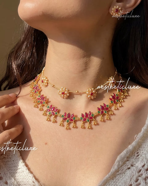 Floral Pearl Choker Set & Pink Lotus Layered Necklace | South Indian Bridal Jewelry Set | Antique Gold Wedding Jewelry | Ethnic Jewelry