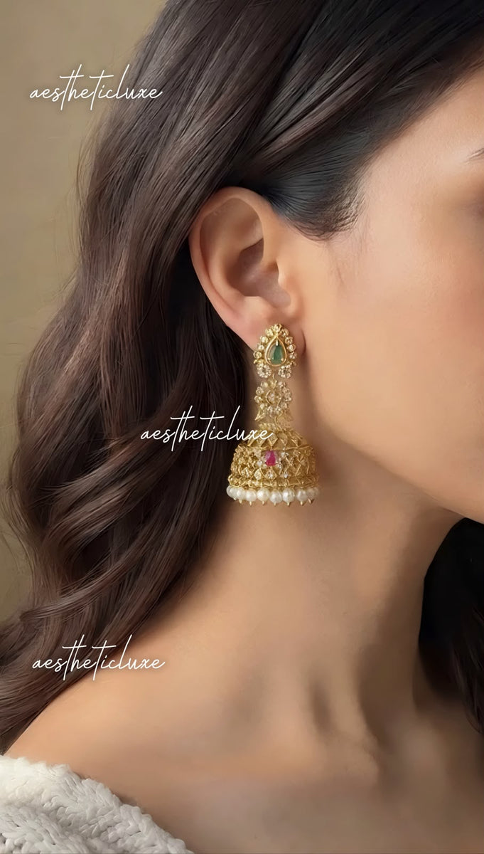 Green Pink CZ Jhumka Earrings | Gold Kundan Bridal Jewelry | Pearl Drop Jhumki | Indian Wedding Earrings | Temple Jewelry | Gift For Her