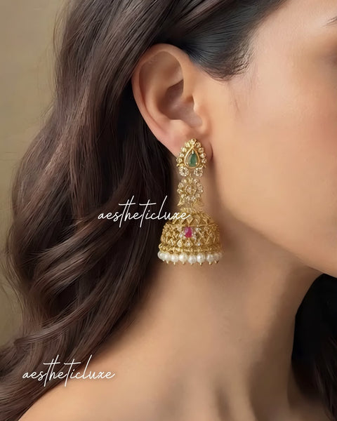 Green Pink CZ Jhumka Earrings | Gold Kundan Bridal Jewelry | Pearl Drop Jhumki | Indian Wedding Earrings | Temple Jewelry | Gift For Her